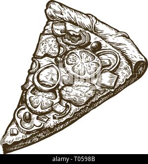Disegnata a mano un trancio di pizza. Cibo, menu italiano. Schizzo illustrazione vettoriale Illustrazione Vettoriale