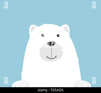 Cartoon carino bianco orso polare su sfondo blu. Curioso orso amichevole volto sorridente. Illustrazione per biglietto di auguri Illustrazione Vettoriale