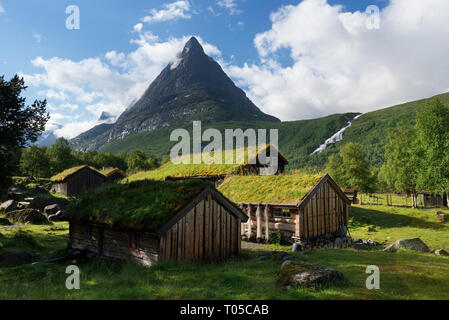 Innerdalen - Valle di montagna della Norvegia. Tradizionale norvegese case con il tetto a prato. Vecchia fattoria hotel vicino al lago Innerdalsvatna Foto Stock