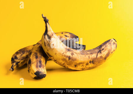 Close-up tre surmature annerite brutto banane su sfondo giallo. Foto Stock