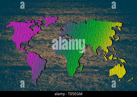 Circa delineato mappa del mondo con una colorata motivi di sfondo Foto Stock