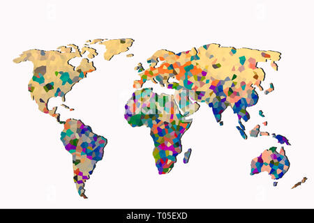 Circa delineato mappa del mondo con una colorata motivi di sfondo Foto Stock