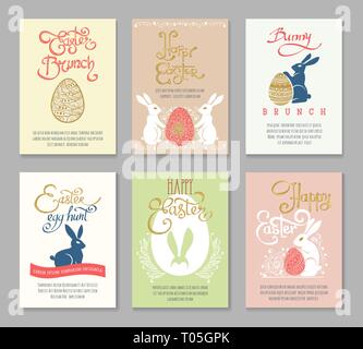 Cartolina di pasqua i modelli. Happy Holiday ostern simpatico coniglio per lettera vintage o di carta carta su sfondo colorato set di vettore Illustrazione Vettoriale