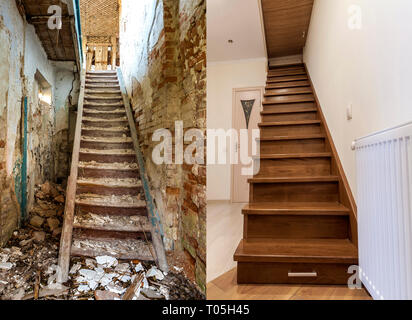 Confronto di marrone moderna scala in legno nel nuovo appartamento ristrutturato interno e la vecchia scala scale. Prima del restauro e dopo casa reconstructio Foto Stock