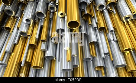 Impostare rotonde dei tubi metallici e i kernel di acciaio, aluminun, Cooper, materiali in ottone. Diversi diametri e spessori. Tubi metallici in magazzino. In Foto Stock