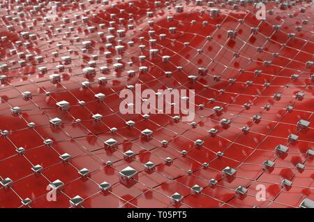 Red wireframe cubetti metallici mesh con onda a sfera paesaggio sfondo astratto. Grandi data 3d'illustrazione. Foto Stock