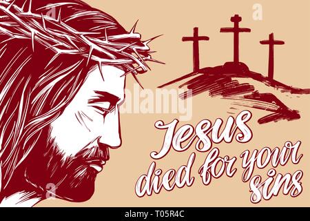 Gesù Cristo, il Figlio di Dio, testo calligrafico, santo vacanze di Pasqua religiosa testo calligrafico, croce simbolo del cristianesimo disegnati a mano vector Illustrazione Vettoriale