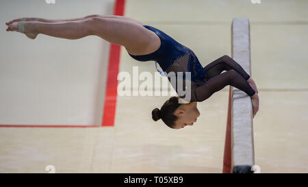 Liverpool, Regno Unito. Il 17 marzo 2019. Teegan Milligan (Sud Essex Palestra) esegue Bean in WAG Junior apparecchiatura/finale WAG Espoir apparecchiatura Finals/WAG disabilità Master durante il 2019 la ginnastica del Campionato Britannico a M&S Bank Arena di Domenica, 17 marzo 2019. LIVERPOOL ENGLAND. (Solo uso editoriale, è richiesta una licenza per uso commerciale. Nessun uso in scommesse, giochi o un singolo giocatore/club/league pubblicazioni.) Credito: Taka G Wu/Alamy News Credito: Taka Wu/Alamy Live News Foto Stock