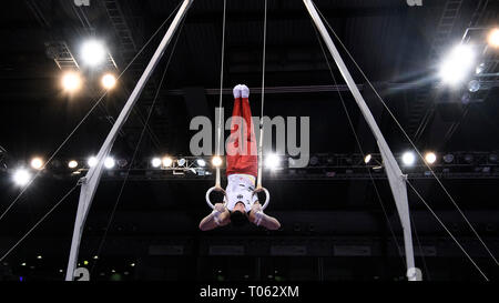 Stuttgart, Germania. Xvii Mar, 2019. Andreas Toba (GER) sugli anelli di anelli. GES / Ginnastica / EnBW DTB Cup, Team Challenge Maenner, 17.03.2019 - GES / ginnastica artistica / Gymnastics World Cup, Stoccarda: 17.03.2019 - | Utilizzo di credito in tutto il mondo: dpa picture alliance/Alamy Live News Foto Stock