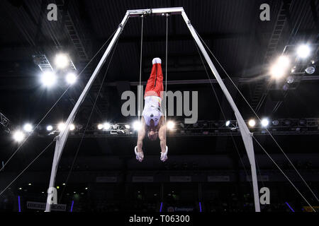 Stuttgart, Germania. Xvii Mar, 2019. Andreas Toba (GER) sugli anelli di anelli. GES / Ginnastica / EnBW DTB Cup, Team Challenge Maenner, 17.03.2019 - GES / ginnastica artistica / Gymnastics World Cup, Stoccarda: 17.03.2019 - | Utilizzo di credito in tutto il mondo: dpa picture alliance/Alamy Live News Foto Stock