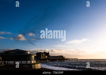 Aberystwyth, UK. Xvii Mar, 2019. Decine di migliaia di storni eseguire loro nightly coreografico murmurations nel cielo sopra Aberystwyth come la giornata volge alla fine. Gli uccelli migratori sono prossimi alla fine del loro soggiorno invernale e volerà presto spento per il ritorno al luogo di nidificazione in Scandinavia per l'estate. Aberystwythis uno dei pochi urban posatoi nel paese e attira gente da tutto il Regno Unito per testimoniare la spettacolare nightly visualizza tra ottobre e marzo. Credito: keith morris/Alamy Live News Foto Stock