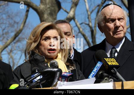 New York, Stati Uniti d'America. Xvii Mar, 2019. Congressista Carolyn Maloney (D-NY) ha ospitato un marciapiede rally e conferenza stampa sulla upper east-side di Manhattan il 17 marzo 2019 per denunciare l'antisemitismo, supremacy bianco, della violenza pistola e riposare in solidarietà con la Nuova Zelanda a seguito di una ripresa di massa a una moschea nella città di Christchurch. Il rally interconfessionale dispone di discorsi da cristiana, ebraica e islamica del clero. Nella foto il congressista CAROLYN MALONEY, sinistra, indirizzamento rally partecipanti. Credito: 2019 Credit: G. Ronald Lopez/Alamy Live News Foto Stock