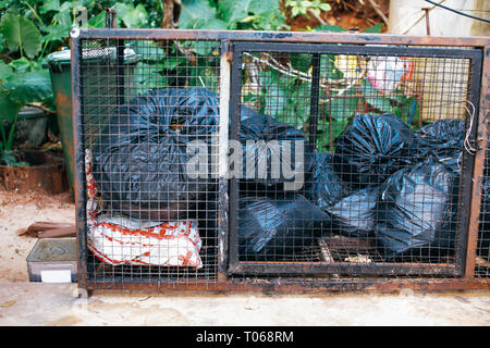 Sacchetti di plastica con rifiuti collocati all'interno di metallo arrugginito gabbia sulla giornata di sole in campagna Foto Stock