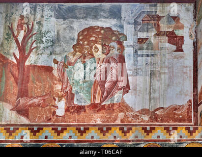 Immagine dell'affresco bizantino pannelli sulla parete nord della Gelati Ortodossa Georgiana della Chiesa della Vergine, la Georgia, l'Europa. Foto Stock