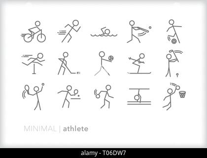 Set di 15 atleta le icone della linea che mostra stick figure la riproduzione di vari sport con attrezzature sportive Illustrazione Vettoriale