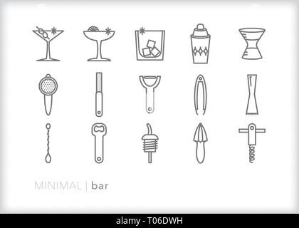 Set di 15 ristorante bar gli elementi della linea per un barman rendendo cocktail o bevande mescolate con gli occhiali, shaker e colpo di vetro Illustrazione Vettoriale