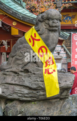 Asakusa, Tokyo, Giappone - 13 Novembre 2017: Ungyo (bocca chiusa) pietra scolpita Komainu Lion-dog custode in Asakusa Jinja o Sanja-sama (Santuario della T Foto Stock