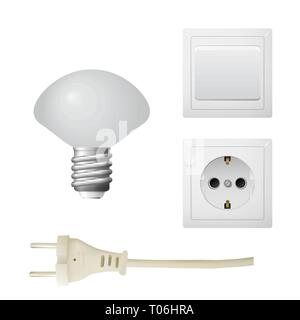 Portalampada con spina, lampadina a LED. Set di apparecchiature elettriche. Illustrazione vettoriale Illustrazione Vettoriale