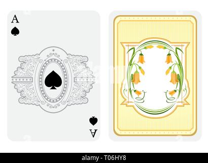 Asso di picche faccia con pattern di ricci telaio con picche in centro e indietro con fiore vintage elementi sulla tuta. Vettore modello di scheda Illustrazione Vettoriale