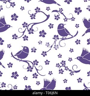 Modello senza cuciture con rami sakura, uccelli. In Giappone la natura. Rami di fiori di ciliegio. Design per scheda, annuncio, pubblicità, banner o stampare Illustrazione Vettoriale