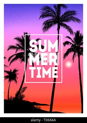 Estate sfondo tropicale con palme, sky e al tramonto. Targhetta di estate poster invito flyer card. Durante l'estate. Illustrazione Vettoriale