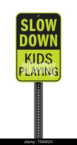 Illustrazione Vettoriale di rallentare i bambini giocando neon giallo e nero cartello stradale Illustrazione Vettoriale
