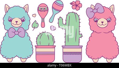 Lama o alpaca cector insieme di raccolta con differenti fluffy color pastello blu e rosa simpatici animali, cactus, rumba shaker, cuori e foglie Illustrazione Vettoriale