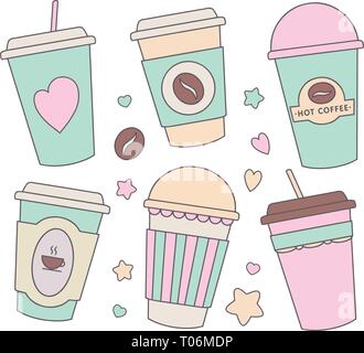 Illustrazione Vettoriale insieme di raccolta con differenti carino color pastello cartoon bicchieri di carta per il caffè, cioccolata o altre bevande calde Illustrazione Vettoriale