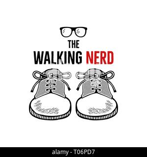 Disegnata a mano nerd design badge. La deambulazione nerd divertente preventivo con scarpe da ginnastica e occhiali geek. Disegno monocromatico concetto. Stock emblema del vettore Illustrazione Vettoriale