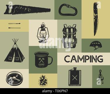 Campeggio set di icone in silhouette in stile retrò. Monocromatico simboli di viaggio, escursionismo forme con tenda, sega, bussola etc. Vettore di stock di raccolta di elementi Illustrazione Vettoriale