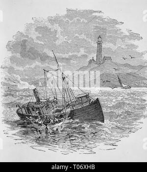 Faro di Montauk Point ; peschereccio in primo piano, circa 1884 Foto Stock