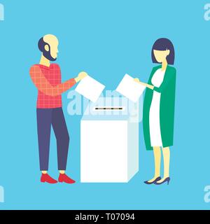 Il giorno delle elezioni concetto casual donna uomo elettori giovane mettendo carta scrutinio elenco nella casella durante la votazione maschio femmina i personaggi dei cartoni animati a piena lunghezza flat Illustrazione Vettoriale