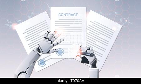 Mano di robot tenendo pen documento firma firma contratto humanoid firmano un accordo alto angolo di vista di intelligenza artificiale futuristico digitale Illustrazione Vettoriale