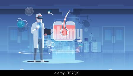 Medico di sesso maschile che indossa gli occhiali digitali cercando la realtà virtuale follicolo pilifero organo umano anatomia healthcare medical vr auricolare vision concept il funzionamento Illustrazione Vettoriale
