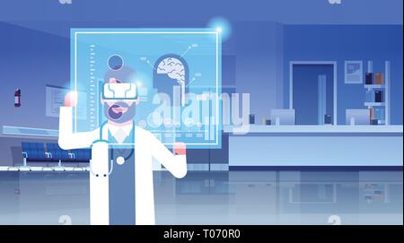 Medico di sesso maschile che indossa gli occhiali digitali esame di realtà virtuale cervello organo umano anatomia medica auricolare vr vision concept ospedale interno di office Illustrazione Vettoriale