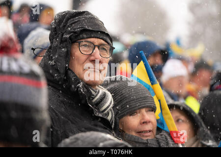 Ski Stadium, Oestersund, Svezia, 17 marzo 2019. Era uomini e donne della Messa di inizio del giorno finale del Biathlon IBU Campionati del Mondo e 20.000 tifosi riempito lo stadio di Östersund. Gli atleti e gli spettatori ha avuto a che fare con forte vento e neve pesante per tutto il giorno. Nella foto: Ventole immergetevi nell'atmosfera elettrica e tentare di ignorare la neve costante immagine: Rob Watkins/Alamy News Foto Stock