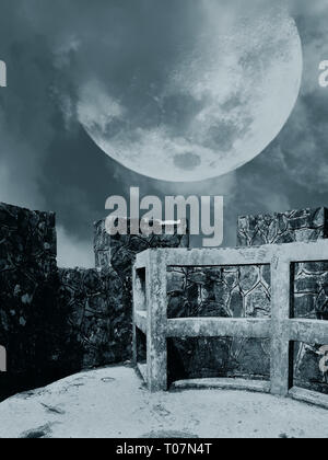 Illustrazione della vista di una enorme luna su un castello con pareti di roccia sullo sfondo Foto Stock