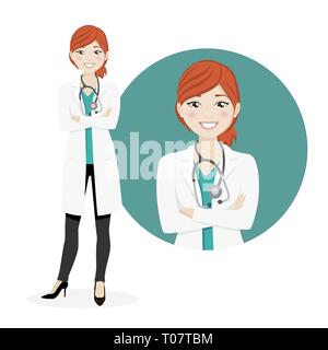 Redhead donna dottore su uno sfondo bianco. Illustrazione Vettoriale Illustrazione Vettoriale