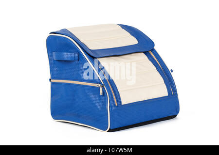 Blu-bianco borsa in pelle per riporre le cose e che viaggiano nel bagagliaio di una vettura su un isolato bianco sullo sfondo. Bagaglio a mano valigia Foto Stock