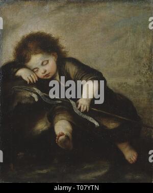 "Infant Cristo Sleeping". Spagna. Dimensioni: 60,5x51 cm. Museo: Membro Hermitage di San Pietroburgo. Autore: Bartolomé Esteban Murillo (cerchio di). Foto Stock