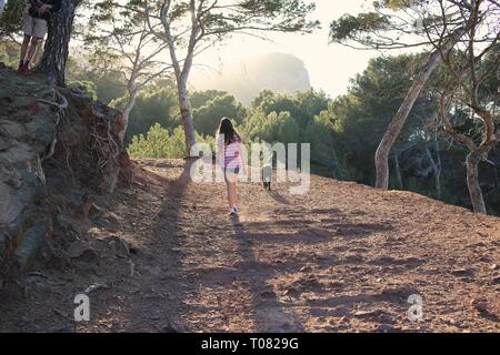 Bella impostazione sun come ragazza cammina attraverso gli alberi al tramonto con il cane Foto Stock