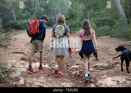 Vista posteriore della mamma e adolescenti escursioni nella foresta con il cane Foto Stock