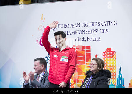 Brian Orsero, Javier Fernandez e Laia Papell dalla Spagna in Kiss e grido durante il 2019 campionati europei Foto Stock