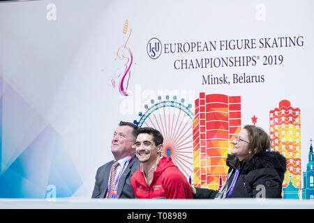 Brian Orsero, Javier Fernandez e Laia Papell dalla Spagna in Kiss e grido durante il 2019 campionati europei Foto Stock