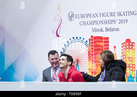 Brian Orsero, Javier Fernandez e Laia Papell dalla Spagna in Kiss e grido durante il 2019 campionati europei Foto Stock