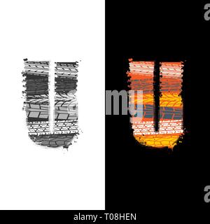 Due gruppi grunge lettera U con tracce di pneumatici isolate su sfondi differennt Illustrazione Vettoriale
