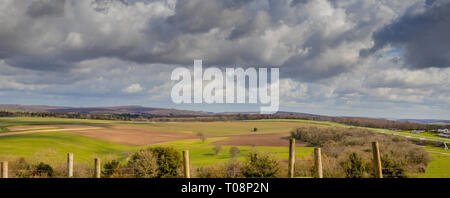 Vista panoramica verso la tenuta di Goodwood Racecourse preso dal Trundle (St di Roche per la collina) nel South Downs National Park vicino a Chichester, West Sussex, Regno Unito Foto Stock