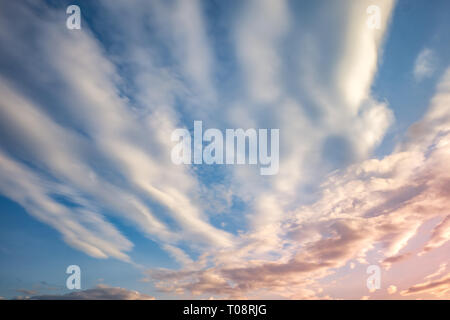 Cielo azzurro sfondo con piccolissima parentesi striped nubi in serata. Cancellazione di giorno e buon tempo ventoso Foto Stock
