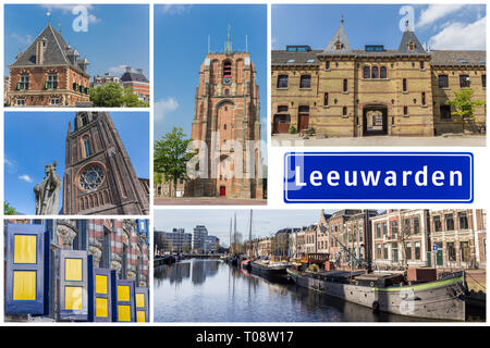 Collage di luoghi interessanti della città frisone di Leeuwarden, Paesi Bassi Foto Stock
