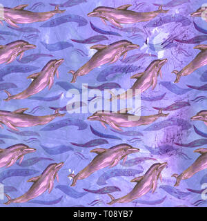 Comune di delfini tursiopi, dipinte a mano illustrazione ad acquerello, seamless pattern sul blu, viola ocean superficie con lo sfondo delle onde Foto Stock